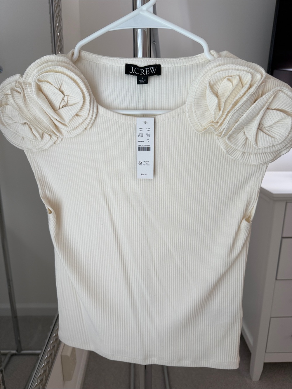 J. Crew Ivory Ribbed Sleeveless Top with Rosette Shoulders